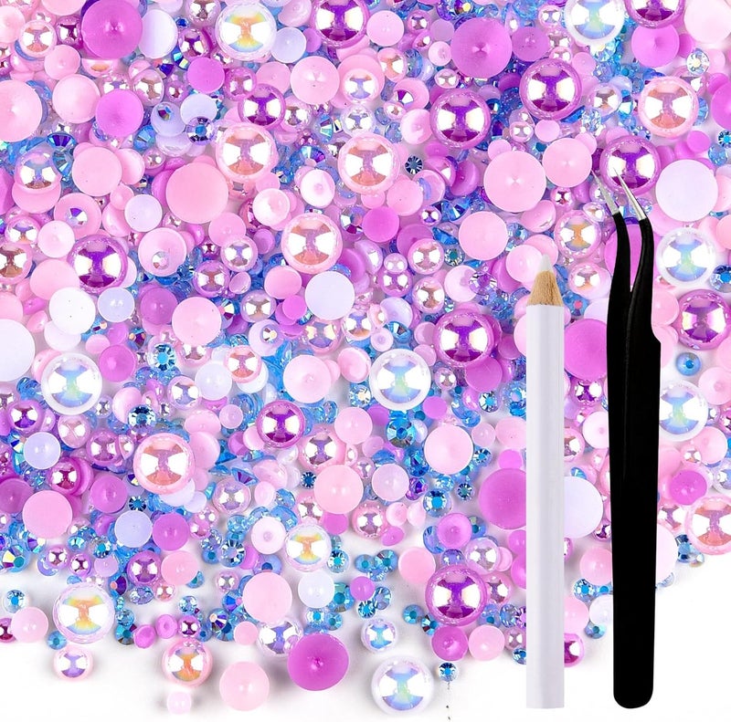 ASTARON 50g Mix Flatback Rhinestones Half Pearls for Crafts Mixed Size 3mm-10mm Flat Back Rhinestones for Crafts Flatback Pearls for Decorating Tumblers Mugs Nail Art Shoes (Pink Purple Series) - Image 1